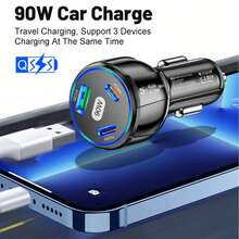90W 三口 [1USB+2Type-C] 车载充电器适配器，USB 型快充 QC3.0 兼容 等手机，黑白两色可选，快速充电车载充电器，点烟器接口 - 均碼 - 查看 3