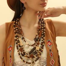 1 Set Handmade Multi-Layer Exaggerated Wooden Bead Necklace, Boho Style Bib Necklace For Women, Suitable For Beach, Party, Middle Eastern Formal Events, Beautiful Jewelry Necklace & Earrings - Brown - View 5