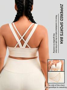 1件大码女士运动文胸，前拉链闭合，提拉支撑，休闲穿着 - 杏色 - 查看 1