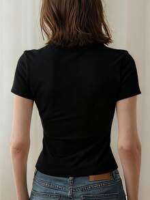 Women's Summer New Casual Slim Fit Round Neck Cropped T-Shirt, Fashionable Everyday Top, Suitable For Daily And Vacation Wear. Women's T-Shirt Top. - Black - View 3