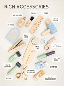 全新逼真美发套装，儿童过家家理发工具，木制婴儿化妆玩具 - 彩色 - 查看 4