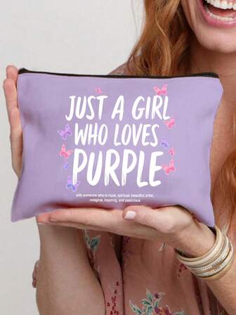 1pc Purple Butterfly Print Canvas Makeup Bag - Lightweight Reusable Makeup Pouch With Inspirational Quote "I'm Just A Girl Who Loves Purple" - Cosmetic And Toiletry Organizer Bag, Zipper Makeup Case, Convenient Coin Purse, Toiletry Bag, Storage Pouch, Travel Accessory, Shopping Companion, Versatile Use For Makeup, Brushes, Accessories | Christmas, New Year, Valentine's Day Gift