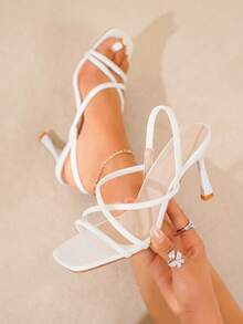 planare 女款時尚優雅露趾綁帶鑽石高跟PU涼鞋，舒適腳墊夏日必備 - 白色 - 查看 2