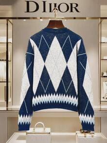 女士撞色菱形图案针织开衫 - 白藍色 - 查看 7