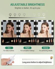 Schminktisch mit Spiegel und 10 LED-Beleuchtung, Einstellbare Helligkeit, Schminkkommode mit 2 Schublade & 1 Schrank, 3 Ablagen & 4 offenen Fächern