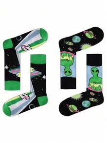 2 Pairs Unisex Black Background Alien Pet Printed Breathable Funny Crew Socks, Suitable For All Seasons Casual Wear - Multicolor - View 5