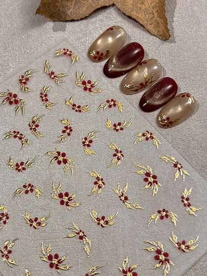 1 Sheet 5D Red Flower Hot Stamping Nail Art Stickers, Gold Silver Flower Self-Adhesive DIY Nail Stickers And Decals,Elegant Floral Nail Supplies And Nail Charms For Girls And Women