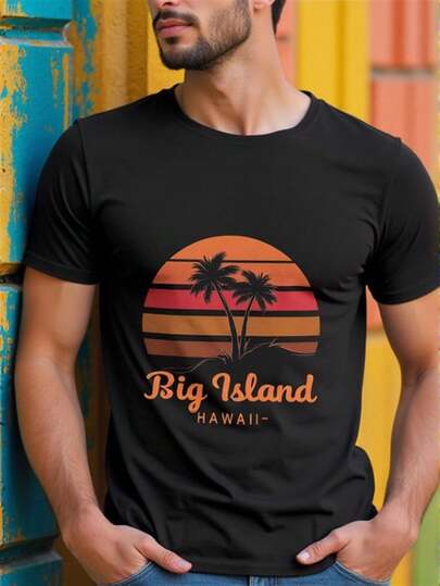 1 pieza de camiseta estampada para hombres, camiseta de vacaciones hawaiana 100% algodón - Camisa tropical hawaiana de la gran isla con patrón de palmera y puesta de sol - Tela suave y transpirable - Camiseta de corte holgado adecuada para uso diario y viajes - Lavable a máquina - Atuendo de fiesta hawaiana - Top casual de las cuatro estaciones - Nueva colección otoño/invierno: Sudadera unisex de corte relajado de manga larga y cuello redondo
