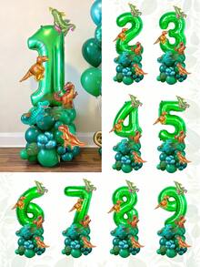 43件套恐龙气球套装，包含绿色数字和迷你恐龙铝箔气球以及绿色乳胶气球，适用于恐龙主题生日派对、恐龙主题派对装饰、丛林恐龙主题装饰、室内外摄影、节日活动、派对和迎婴派对装饰。 - 彩色 - 查看 7
