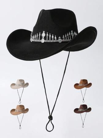 1pc Women's High Quality Windproof Rhinestone Hatband Decor Wide Brim Hat, Western Cowgirl Style, Fashionable Minimalist Fedora, Suitable For Daily Wear, Parties, Western Themed Events, Gatherings, Cosplay, Graduation Ceremonies, Masquerade Balls, Festivals, Birthday Celebrations, Concerts