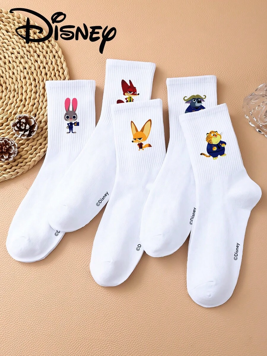 Disney 1/5/10 Pairs Unisex Cartoon Crew Socks, Zootopia Movie Themed Funny Patterns, Cute Cartoon Design, Suitable For Daily Wear, Providing All-Day Comfort And Good Elasticity - Multicolor - View 1