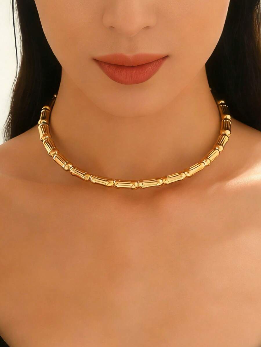 1 chiếc vòng cổ choker kim loại tối giản thời trang hình nút tre dành cho nữ, đa năng cho đeo hàng ngày, hẹn hò, đi chơi, dự tiệc, phụ kiện trang sức mới. - Vàng - Xem 1