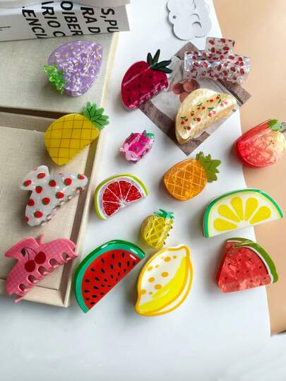 1pc Personalized Realistic Fruit Series Hair Claw, Elegant & Sweet Multi-Functional Fresh Fruit Lemon, Strawberry, Cherry Half Round Acrylic Hair Clip, Non-Slip Strong Fashion Large/Small Hair Claw/Clip, Women Hair Accessories Suitable For Casual, Commuting, Half Bun, Shoulder-Length Hair, Clip, Suitable For Daily Use And Gifting, Hair Clip, Hair Claw Clip, Autumn/Winter Women Holiday Outfit Accessories