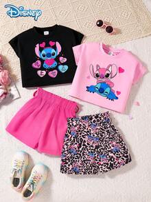 4pcs Disney Lilo And Stitch Girls Summer Set, Raglan Sleeve Stitch Heart Print Tee And Solid Color Elastic Waist Leopard Print Shorts, Cute Outfit For Vacation And Outdoor - 彩色 - 查看 1