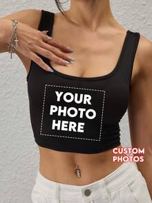 Customizable Women's Short Sleeve Tank Top, Add Your Own Image, Choose Your Favorite Photo, Design Your Unique Personalized Printed Tank Top Black Summer,Gym Wear - Black - View 1