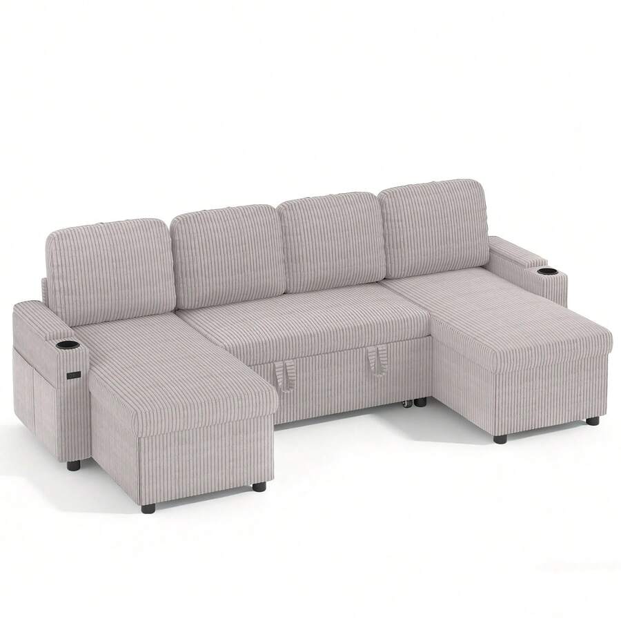 Corner Sofa Bed, U-Shaped Sleeper Sectional Couch Bed, 3-In-1 Corduroy Convertible Pull Out Sofa Bed With Adjustable Backrest, Storage And Cup Holder For Living Room - U Corduroy - Silver Gray - View 1