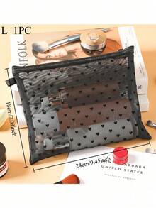 Heart Print Pattern Mesh Cosmetic Bag, Portable Makeup Bag Large Capacity Makeup Organizer Bag, Coin Purse Toiletry Bag Travel Portable Storage Bag, Small Hollow Mesh Cosmetic Bag Women - Black - View 12