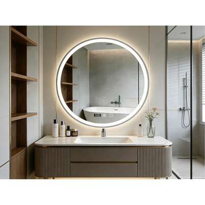 Espejo de baño táctil inteligente circular con espejo de luz circular led, 60 x 60 cm, con función antiniebla inteligente y botón táctil inteligente y pantalla de tiempo, tres temperaturas de color ajustadas libremente, espejo de maquillaje montado en la pared, vertical y horizontal, adecuado para duchas, guardarropa, tocador