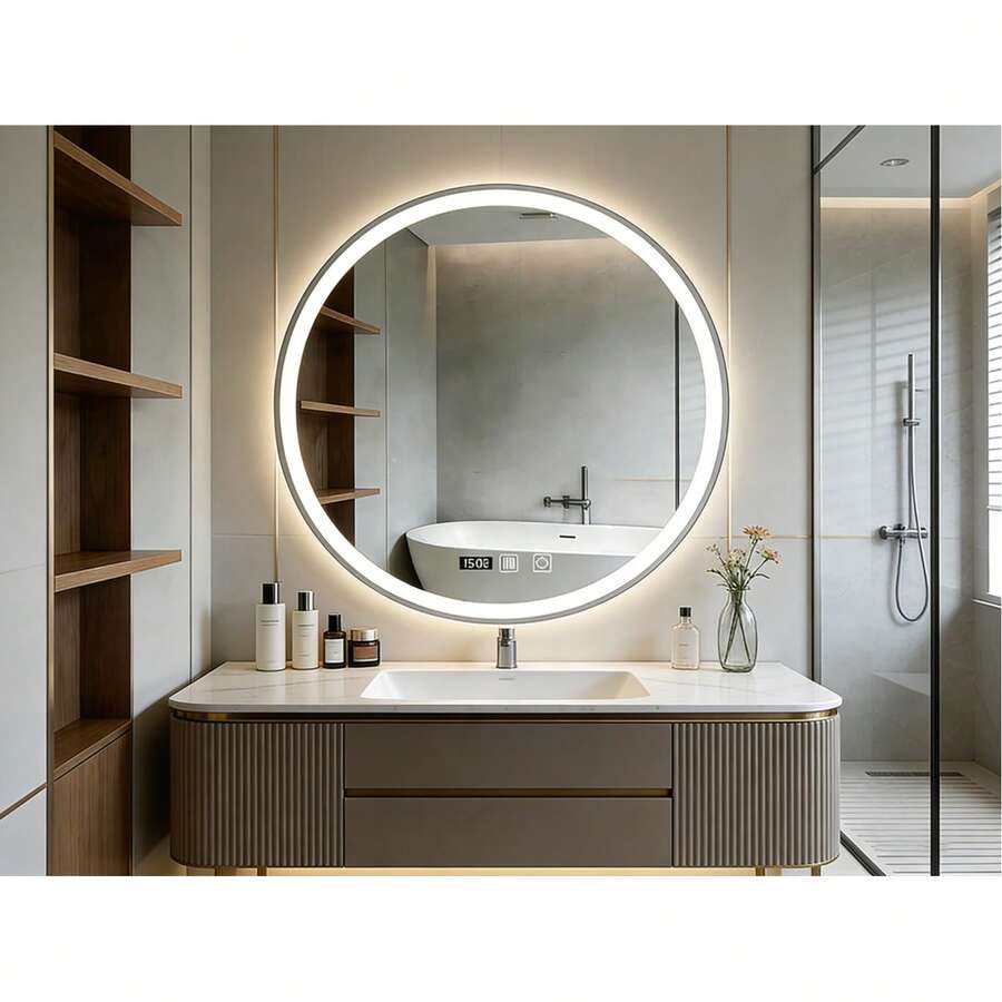 Espejo de baño táctil inteligente circular con espejo de luz circular led, 60 x 60 cm, con función antiniebla inteligente y botón táctil inteligente y pantalla de tiempo, tres temperaturas de color ajustadas libremente, espejo de maquillaje montado en la pared, vertical y horizontal, adecuado para duchas, guardarropa, tocador - Blanco - Ver 1