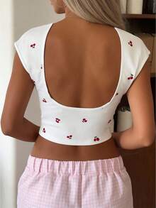 情人节白色樱桃印花短款T恤，甜美可爱短袖休闲夏季上衣 - 紅色 - 查看 3