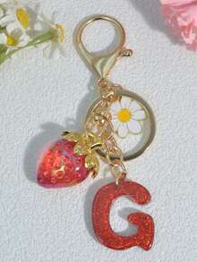 1 pezzo Portachiavi a forma di lettera con fragola rossa, ciondolo floreale carino, portachiavi minimalista per borsa, regalo per donne - Rosso - Visualizzare 26