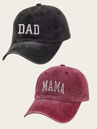 2PCS Unisex Solid DAD MAMA Embroidered Retro Baseball Cap, Fashionable Dad And Mom Hat, Men's And Women's Hat, Holiday Gift, Adjustable Fit, Versatile Trucker Hat, Suitable For Outdoor And Everyday Wear