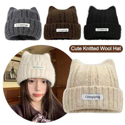 可爱猫耳针织帽，女士纯色保暖针织帽，户外护耳帽，钩针编织帽