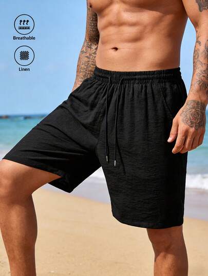 Men's Solid Color Drawstring Waist Sports Outdoor Casual Shorts, Summer