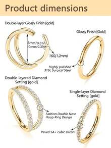 4pcs/1pc High Quality Personalized 316L Stainless Steel Zirconia Inlaid Nose Ring, Unisex Earrings, Gold Piercing Jewelry, Suitable For Nose Ring, Earrings, Navel Ring, Nipple Ring, Lip Ring, Cartilage Piercing - Gold - View 3