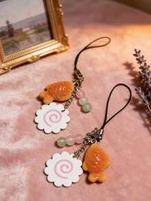 可爱仿真烤鱼饼手机链手工串珠钥匙扣饰品幸运糖果吊坠Y2K独特美学挂绳包包挂饰兼容安卓及大多数智能手机，送给母亲、家人、朋友、孩子、生日、节日的礼物 - 彩色 - 查看 3