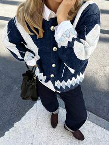 女士撞色菱形图案针织开衫 - 白藍色 - 查看 8