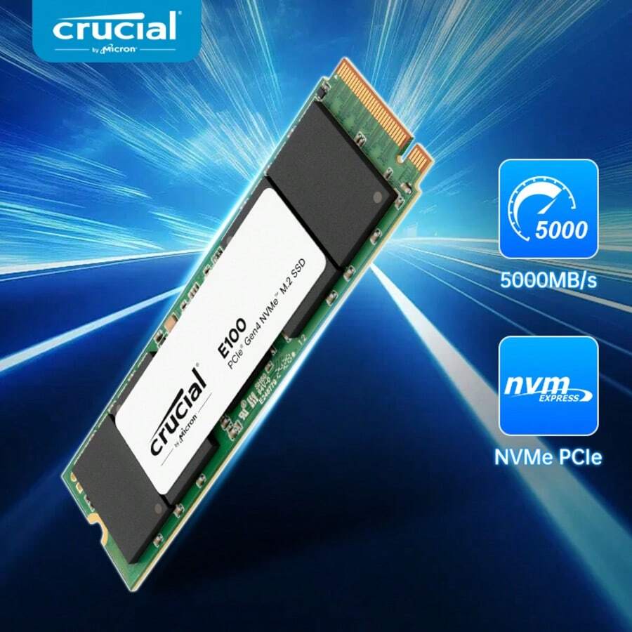 Crucial E100 480GB/1TB M.2 NVMe PCIe Gen4 SSD Up To 5,000MB/S High-Speed Internal Drive For Gamers PC Enthusiasts Laptop Desktop Pc Builders - Green - View 1