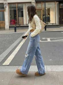 Women Casual Light Wash Denim Straight Leg Jeans With Ripped Knees Extra Long Non-Stretch Fabric Zipper Closure - Blue - View 2