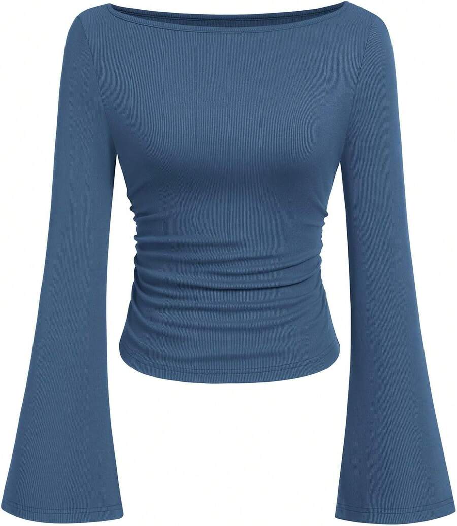 Womens Long Sleeve Shirts 2026 Spring Crop Going Out Tops Casual Boat Neck Sleeve Ribbed Ruched Y2K Clothes - Grey Blue - View 1