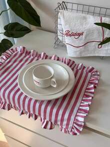 1/2/6pcs Korean Style Striped Ruffle Linen Napkins, Suitable For Valentine's Day, Wedding, Daily Use - Multicolor - View 3