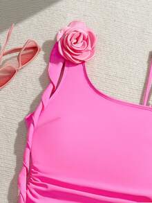 1 bộ bikini màu trơn, kiểu dáng giản dị, thanh lịch, gợi cảm, chất liệu dệt kim họa tiết hoa 3D đính ngọc trai, thích hợp cho bãi biển, kỳ nghỉ, hẹn hò, mùa xuân/hè. - Hồng nhạt - Xem 4