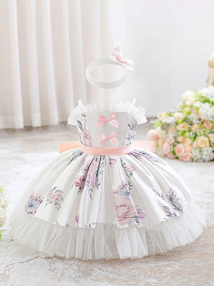 Baby Girls Spaghetti Strap Floral Print Dress With Bow Back, Cute Wedding Flower Girl Dress Suitable For 1st Birthday, Fabric Print Pattern Randomly Cut - 彩色 - 查看 1