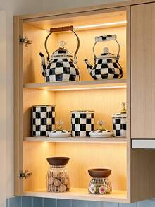 1pc Vintage Classic Plaid Wooden Handle Enamel Teapot, Cup, Large Capacity Straight Canister With Lid, Nordic Style Diamond Lid Large Capacity Kettle, Multipurpose High Temperature Resistant Kettle, Coffee Pot, Milk Tea Pot, Fruit Tea Pot, Unbreakable And Non-Stick Oil Pot, Back To School Supplies - Plaid - View 3