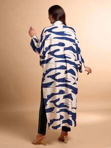 Women's Plus Size Allover Print Stand Collar V-Neck Solid Color High-Low Hem Ruffle Sleeves Asymmetric Hem Shirt(Random Print) - Multicolor - View 2