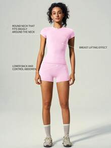 UONNOU 两件套短袖运动短裤，修身高腰设计，带两个侧袋，适合瑜伽、健身和日常穿着，四季皆宜。 - 粉色 - 查看 3