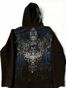 Y2K Skeleton Zipper Hooded 90s Retro Pattern Printed Zipper Top Sweatshirt - màu đen - Xem 8