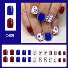 Short Red And Blue Strawberry Cherry Independence Day Nail Art With Five-Pointed Star Design, 24 Pieces - 1 - View 2