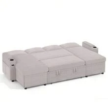 Corner Sofa Bed, U-Shaped Sleeper Sectional Couch Bed, 3-In-1 Corduroy Convertible Pull Out Sofa Bed With Adjustable Backrest, Storage And Cup Holder For Living Room - U Corduroy - Silver Gray - View 3