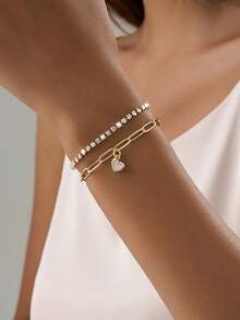 2件套时尚简约金色爪链和十字链，搭配心形仿贝壳吊坠叠戴手链套装，女士礼物（链条、扣环和珠子数量随机） - 金色 - 查看 5