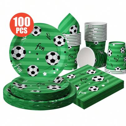 1 set Green Star Soccer engångstallrikar, servetter, koppar, lämplig för 25 gäster, engångstallrikar av papper, festtillbehör för födelsedag, bröllop, temafest, familjepicknick