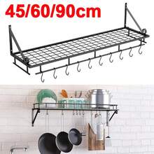 Kitchen Hanging Pot Pan Rack Wall Mount Storage Shelf Saucepan Holder With 10 Hooks - Black - View 4