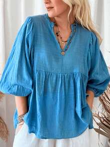 Áo sơ mi vải lanh dáng rộng, thoải mái dành cho nữ cỡ lớn, đơn giản và thời trang, phù hợp cho mặc hàng ngày, đi nghỉ mát, đi làm, mùa xuân/hè. - Màu xanh lam - Xem 3