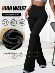 Women's Solid Color Casual Yoga Flare Pants, High Elasticity Running Fitness Quick-Dry Pants, Sports Wear High Waist  Fit Wide Leg Pants, Suitable For Gym Workout,  Elastic &Amp; Comfortable, Suitable For All Seasons Exercise, Yoga And Casual Wear - 黑色 - 查看 3