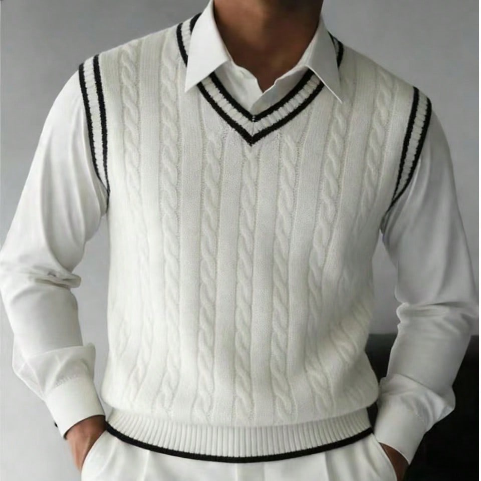 Chaleco de punto con rayas y contraste de color, estilo universitario casual y versátil para hombre, otoño e invierno
