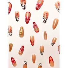 24pcs/Set French Almond-Shaped Ocean Style Elegant 3D Stereo Starfish, Red & Yellow Flower, Seashell, Golden Pearl Decorated Sweet Press-On Full Cover False Nails With 1pc Jelly Gel And 1pc Nail File, Adding A Romantic Touch For Daily Dates, Autumn/Winter - 多色-18 - 查看 3